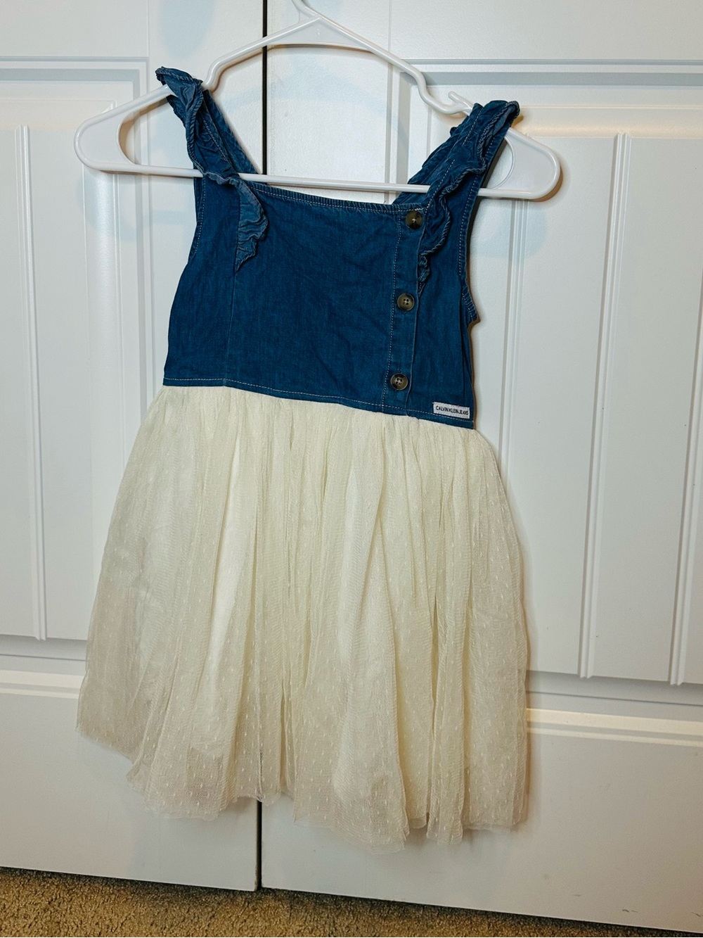 Calvin Klein Jeans Blue Denim and Cream Tulle Girls Casual Dress